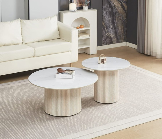 Image 1 of Tavolino BAIETA – Base in travertino e piano in ceramica effetto marmo bianco