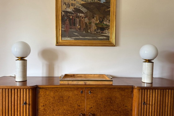 Image 1 of Hollywood regency set of 2 Carrara marble & brass table lamps, Lucirhytmo Italy 1970s