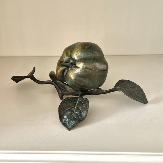 Image 1 of Vintage bronze box apple with branch and leaf, ca 1950