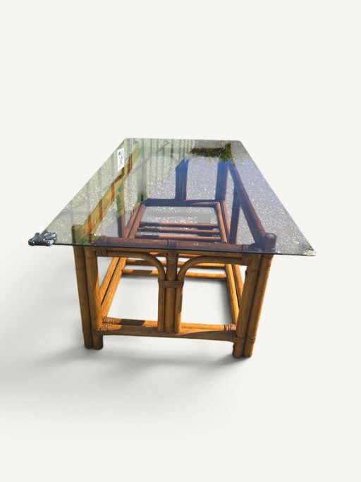 Vintage Rattan and Bamboo Coffee Table with Smoked Glass Top – salontafels
