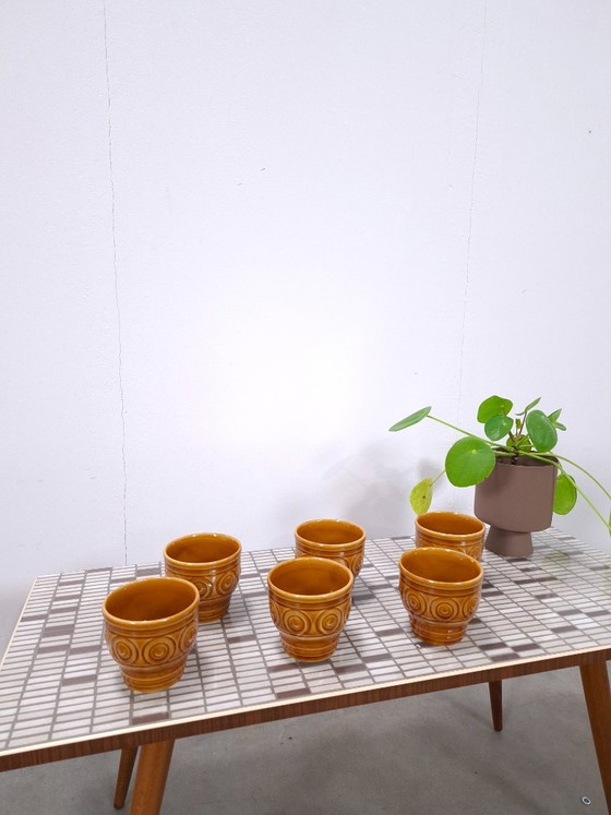 Image 1 of Juego de tazas de café de porcelana marrón y amarilla de la RDA