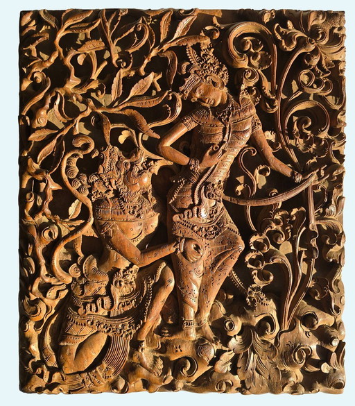 Balinese carved wooden plate Rama & Sita, 40x34x3,5cm