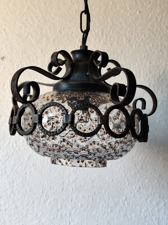 Image 1 of 1960s/70s Brutalist Pendant Lamp – Honsel Lighting – Wrought Iron & Frosted Glass