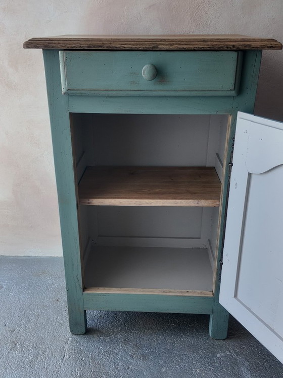 Image 1 of Antique jam cupboard with a sage green patina and solid wood finish