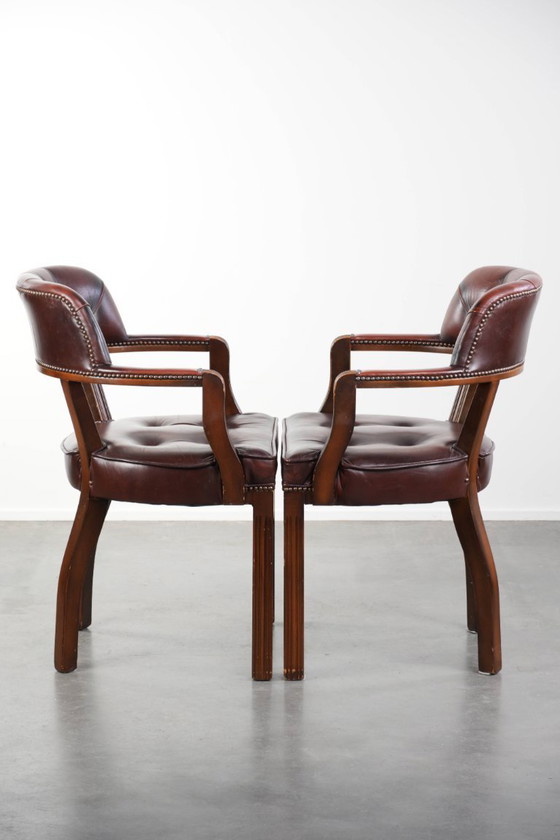 Image 1 of 2 x Donkerbruine rundleren chesterfield eetkamer/ bijzet/ bureaustoel in Engelse stijl