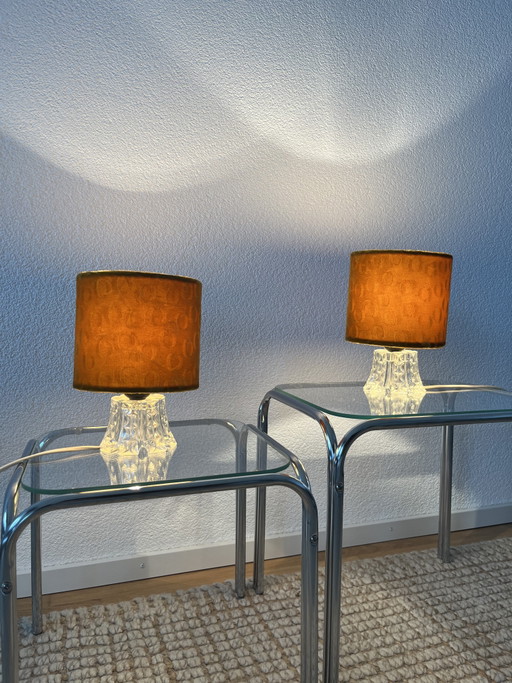 Pair of 1970s Vintage Glass Table Lamps with Original Velvet Shades