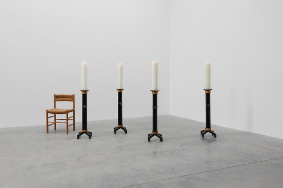 Image 1 of Rare set of 4 very large church candle sticks in black metal and copper, 1960s