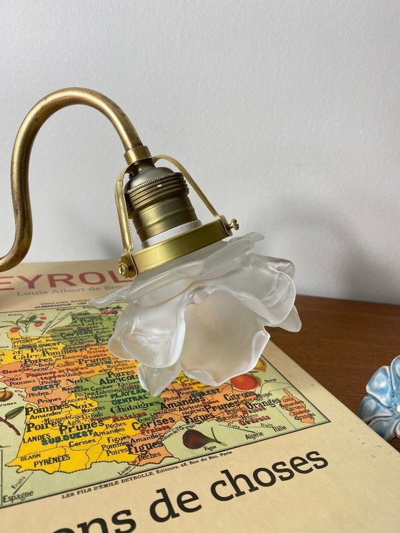 Image 1 of Aplique de pared de cuello de cisne de latón con tulipa de pétalos de rosa de pasta de vidrio