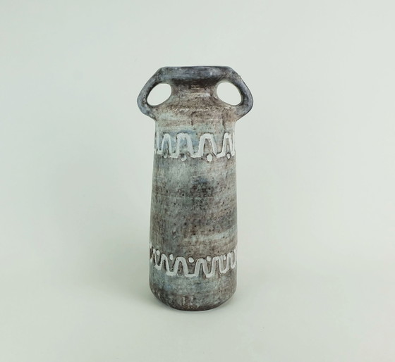 Image 1 of double handled east german mid century ceramic vase heissner keramik model V/32 relief pattern gray and blue