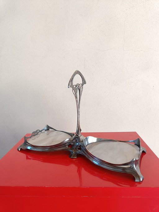 Plateau de service double Art Nouveau en métal argenté avec inserts en verre opalin