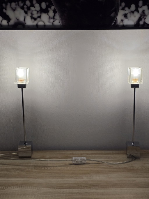 Pair of Minimalist "Ice Cube" Chrome Table Lamps by EGLO (Model 85206) – Y2K Architectural Elegance