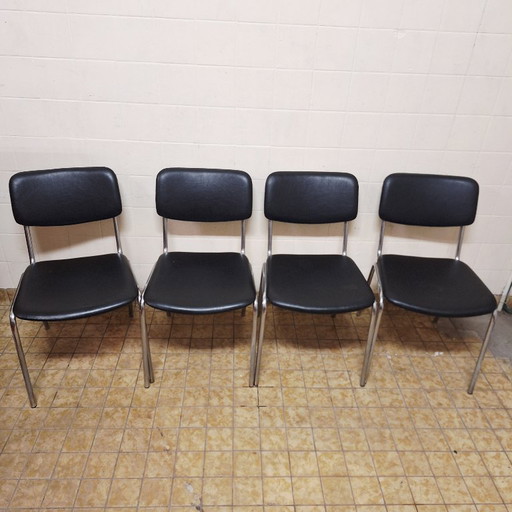 4 x Vintage / Retro Chairs / Black Leatherette and Chrome