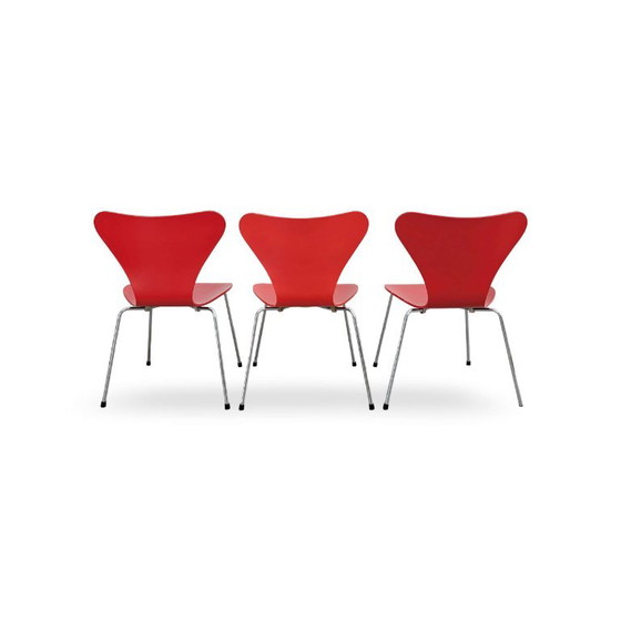 Set di 3 Sedie Originali Arne Jacobsen Serie 7 Fritz Hansen rosse, Sedie da camera, Legno, Rosso (foto 5 di 12)