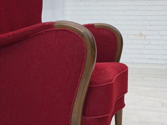 Image 1 of 1960s, fauteuil danois, état original, tissu en laine, pieds en bois de hêtre.