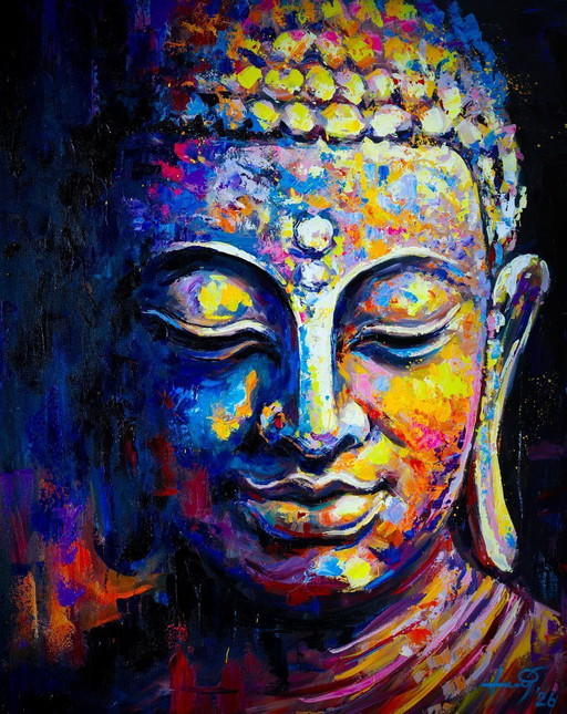 Unique hand-painted Buddha painting "Peace Within" – Seksak Jaichumchen – 80 × 100 cm