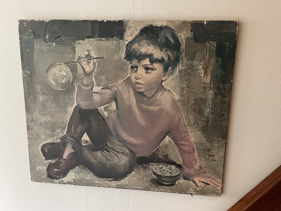 Image 1 of Vintage prent: Jongen met bellenblaas - jaren ‘60