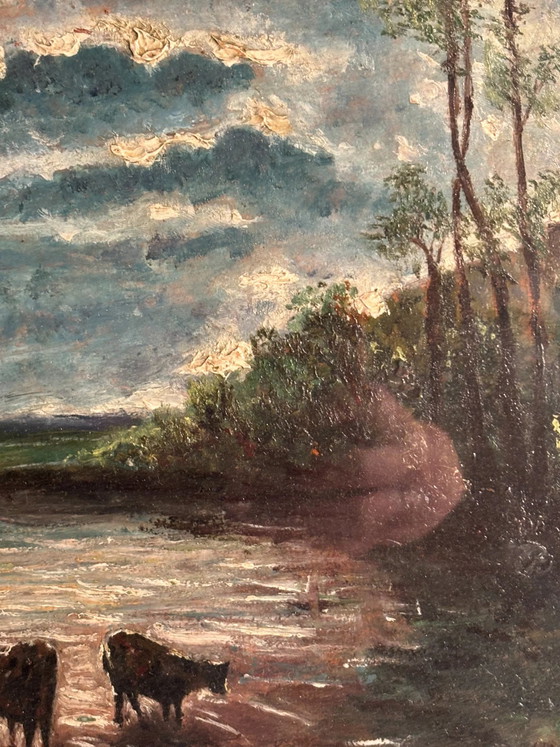 1950s Oil Painting on Board of Cows at Sunset, Paintings & Drawings (photo 8 of 10)