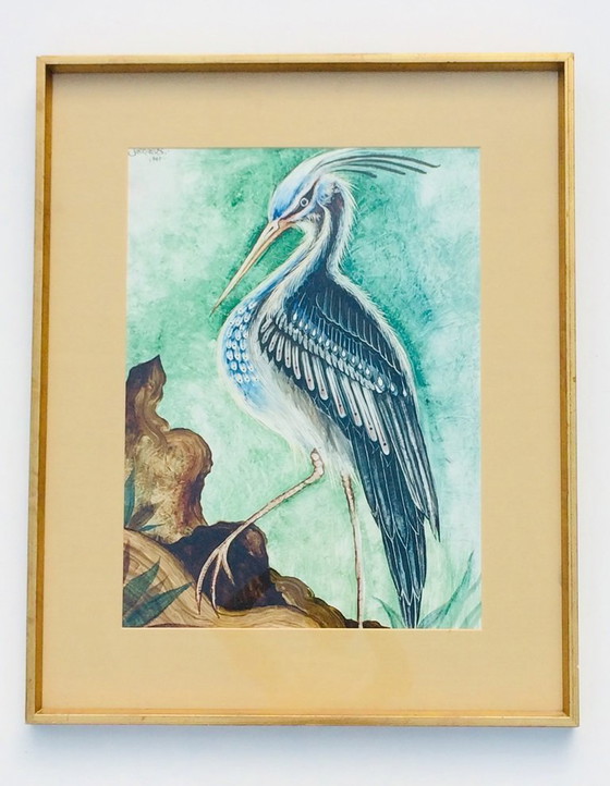 Image 1 of J. Vallès: ' Heron ' 70s Mixed media * 70s Vintage *