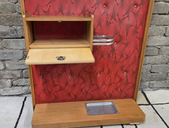 Image 1 of Vintage 1950s/60s Wall-Mounted Coat Rack – Red and Wood Rockabilly Design Cloakroom