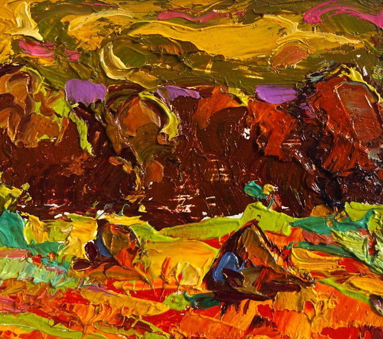 Image 1 of Original Oil Painting Autumn Field Landscape Golden haystacks