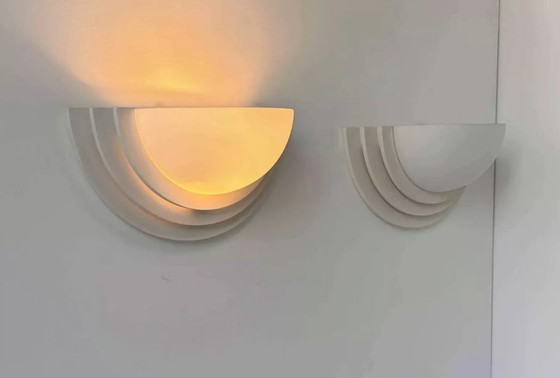 Image 1 of Paar geometrische wandlampen van gips en gezandstraald glas, Frankrijk 1970