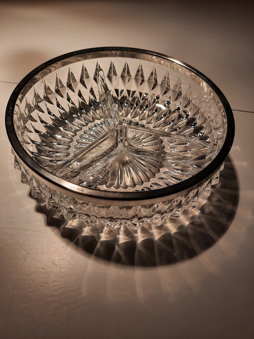 Crystal Triptych Bowl With Silver Rim