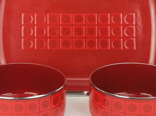 2 bowls and 1 serving plate silit red enamel metal chrome op art pattern 1970s