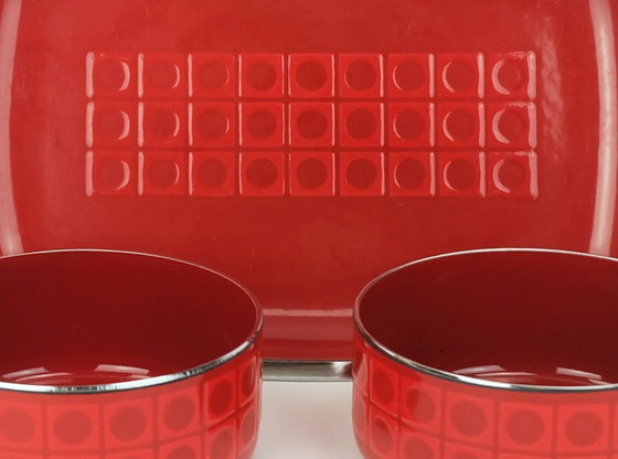 Image 1 of 2 ciotole e 1 piatto da portata silit rosso smalto metallo cromo motivo op art anni '70