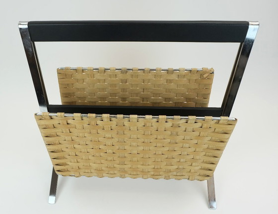 Image 1 of ongewoon 1970 vintage tijdschriftenrek krantenhouder chroom leer bamboe