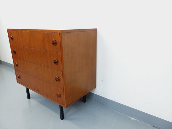 Image 1 of Vintage Scandinavische ladekast in teakhout en zwart metaal uit de jaren 60