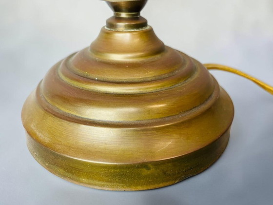 Art Nouveau Inspired Curved Brass Green Tulip Glass Table Lamp (photo 12 of 14)
