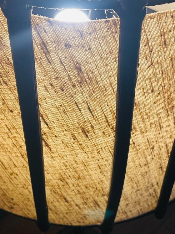 Image 1 of Mid-Century, Turned Wood, Bamboo Rattan Floor Lamp Circa 1950s