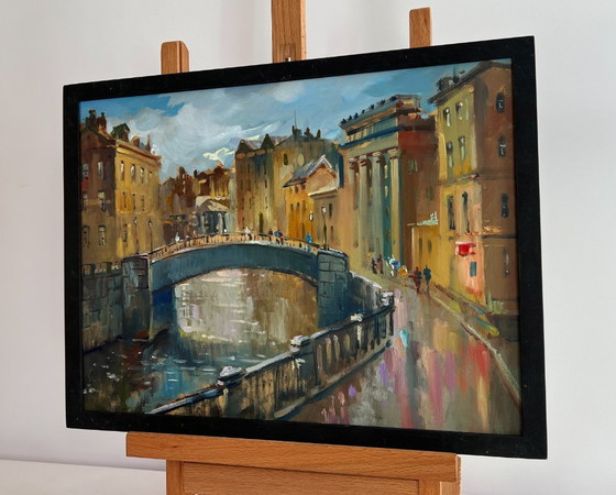 Image 1 of Original Oil Painting Gloomy City Landscape The heart of the city above the river