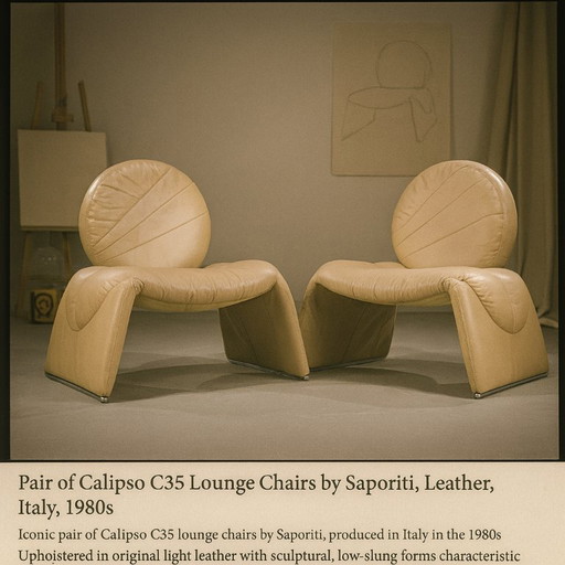 Calipso C35 fauteuils van leer, toegeschreven aan Saporiti, Italië, jaren 80, set van 2