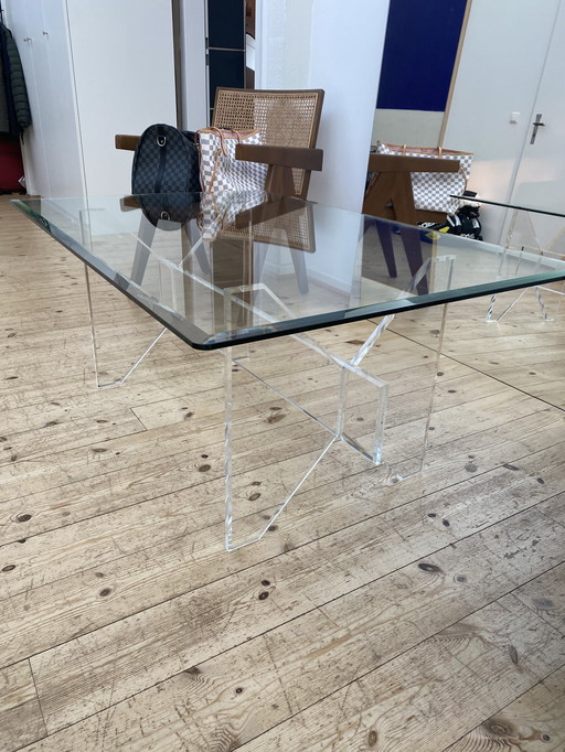 Designer living room table / glass top and plexiglass base