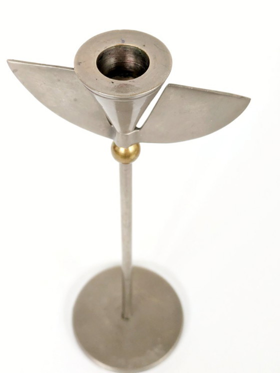 Image 1 of Coppia di portacandele postmoderni anni '80 | Acciaio inossidabile e ottone con design ad ala