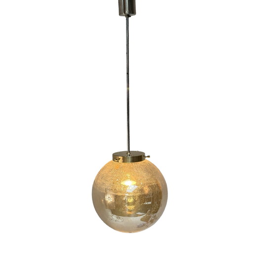 Art déco - Suspension en verre bullé - Structure en laiton et chrome - Plusieurs en stock !
