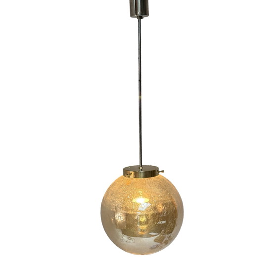 Image 1 of Art déco - Suspension en verre bullé - Structure en laiton et chrome - Plusieurs en stock !