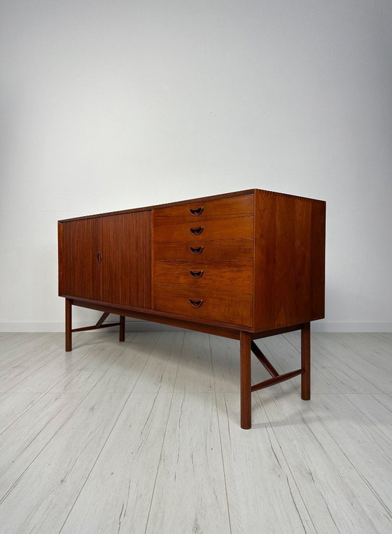 Image 1 of 1958 Danish Teak Sideboard Model 309 by Peter Hvidt & Orla Mølgaard-Nielsen for Søborg Møbelfabrik – Mid-Century Tambour Credenz