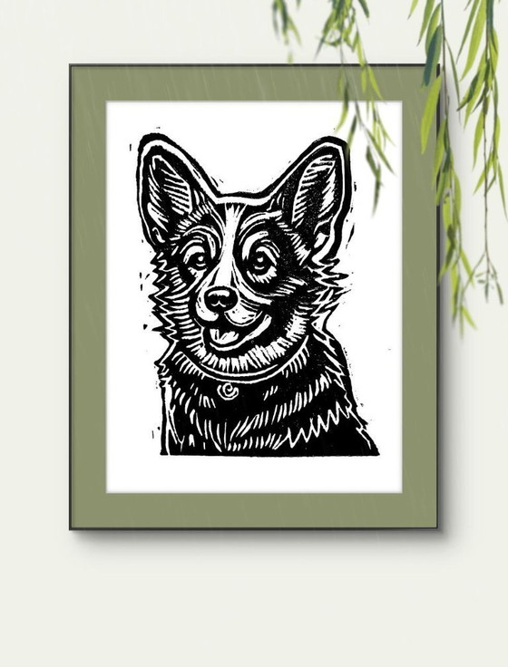 Image 1 of Linoleografia fatta a mano, ritratto di animale domestico, Corgi