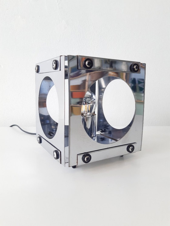 Image 1 of Set of 2 chrome 70s cube table lamps by Goffredo Reggiani, set of space age table lamps