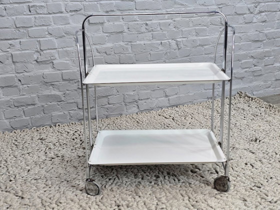 Image 1 of Vintage Foldable and Mobile Chrome Steel ‘Dinett’ Serving Trolley with 2 White Layers by Gerlinol, Germany, 1970s. 