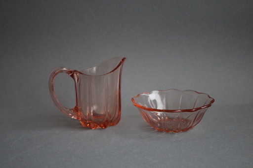 Art Deco Rosalinglas pressed glass pink milk sugar set with floral motif on the bottom