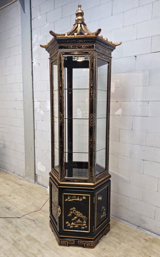 Vitrine Chinoise Vintage Toit Pagode (Éclairage) Armoire Bohème – Wood, Glass (photo 2 of 15)