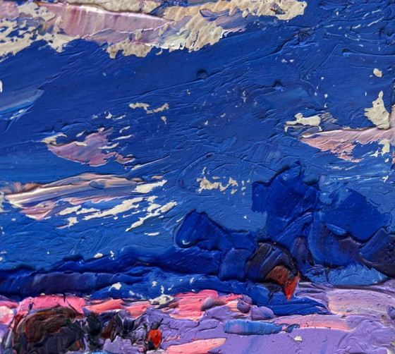 Image 1 of Original Oil Painting Evening Field Landscape Cold evening in the field