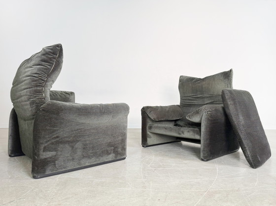 Image 1 of 2x Cassina Maralunga armchair Vico Magistretti fabric green corduroy velvet