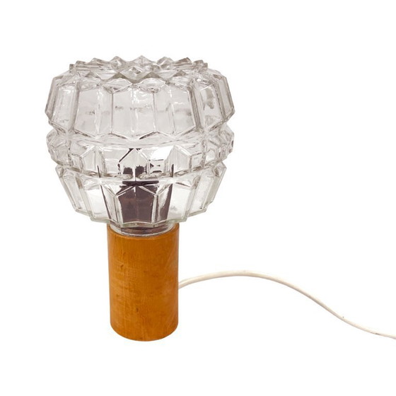 Image 1 of AKA Leuchten – vintage pressed glass and wood bedside lamp, Germany, 1970s.