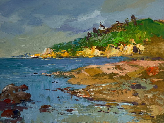 Image 1 of Original Oil Painting Sea Coastal Landscape Silence at the foot of the mountains