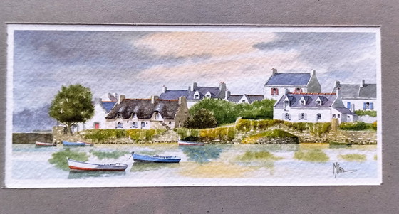 Image 1 of Aquarelle vintage signée | Paysage marin côtier breton | Encadrée