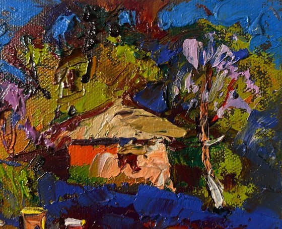 Image 1 of Original Oil Painting Colorful Village Landscape Evening ray over spring fields